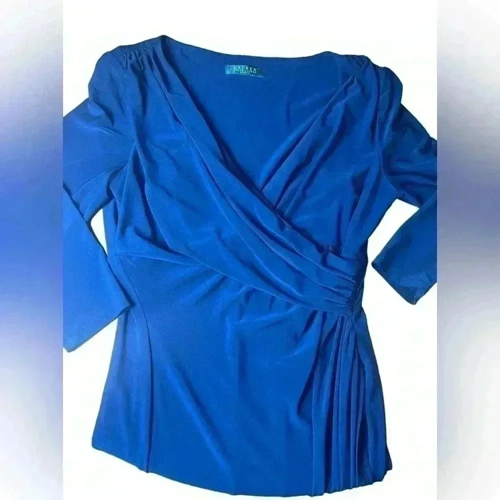 Lauren by Ralph Lauren faux wrap ruched 3/4 sleeve blue dress  M/L?